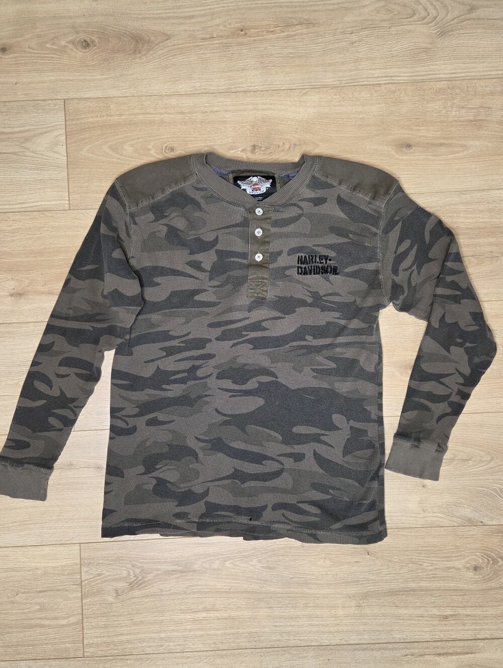 Harley-Davidson Camo Waffle Knit Thermal Henley Long Sleeve Shirt 2008 Small